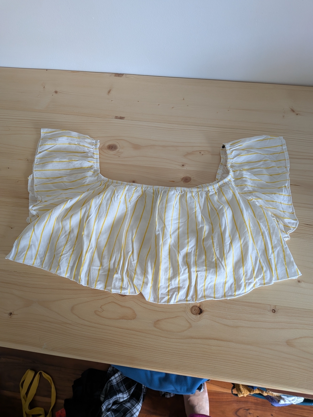 Forever 21 White and Yellow Striped Off-Shoulder Crop Top